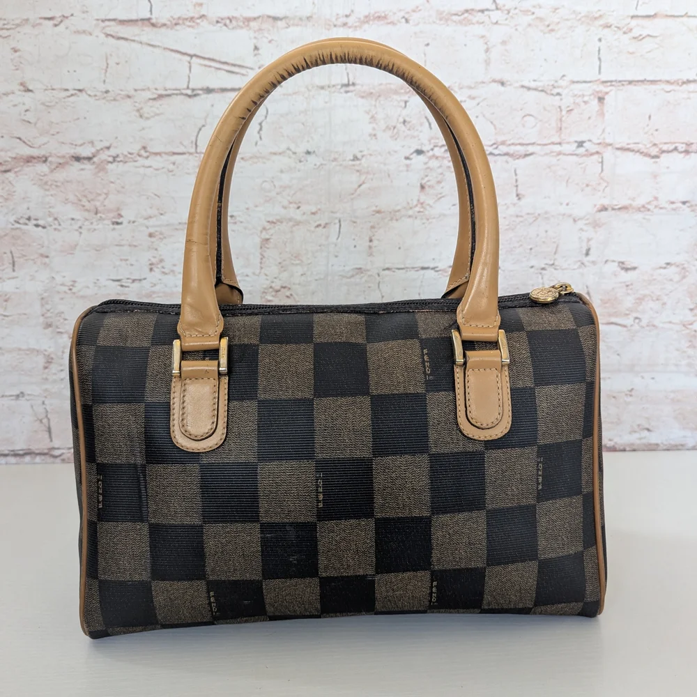 Fendi Pequin Boston Checkered Tan and Black Women's Handbag - Picture 6 of 12